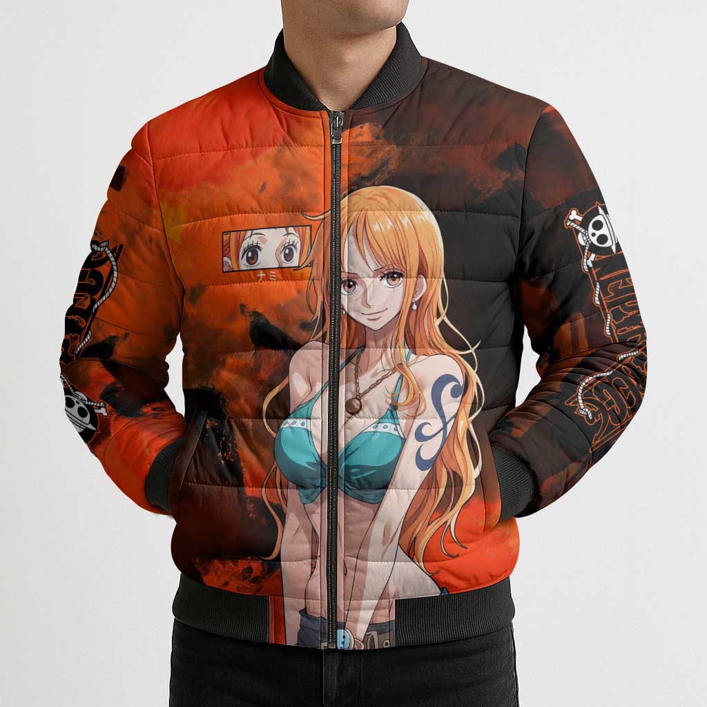 Nami One Piece Orange and Black Theme Bomber Puffer Jacket with Navigator Pose and Weather Staff Design - The Mazicc