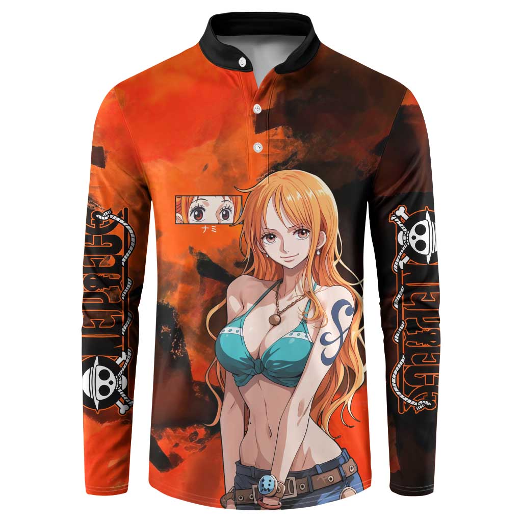Nami One Piece Orange and Black Theme Button Sweatshirt with Navigator Pose and Weather Staff Design - The Mazicc