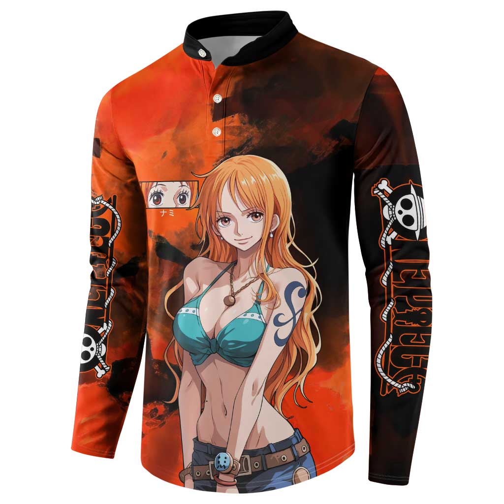 Nami One Piece Orange and Black Theme Button Sweatshirt with Navigator Pose and Weather Staff Design - The Mazicc