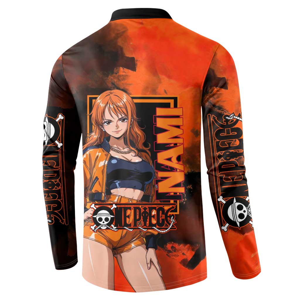 Nami One Piece Orange and Black Theme Button Sweatshirt with Navigator Pose and Weather Staff Design - The Mazicc