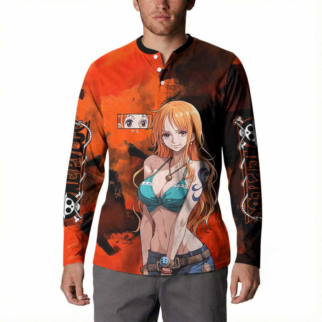Nami One Piece Orange and Black Theme Button Sweatshirt with Navigator Pose and Weather Staff Design - The Mazicc