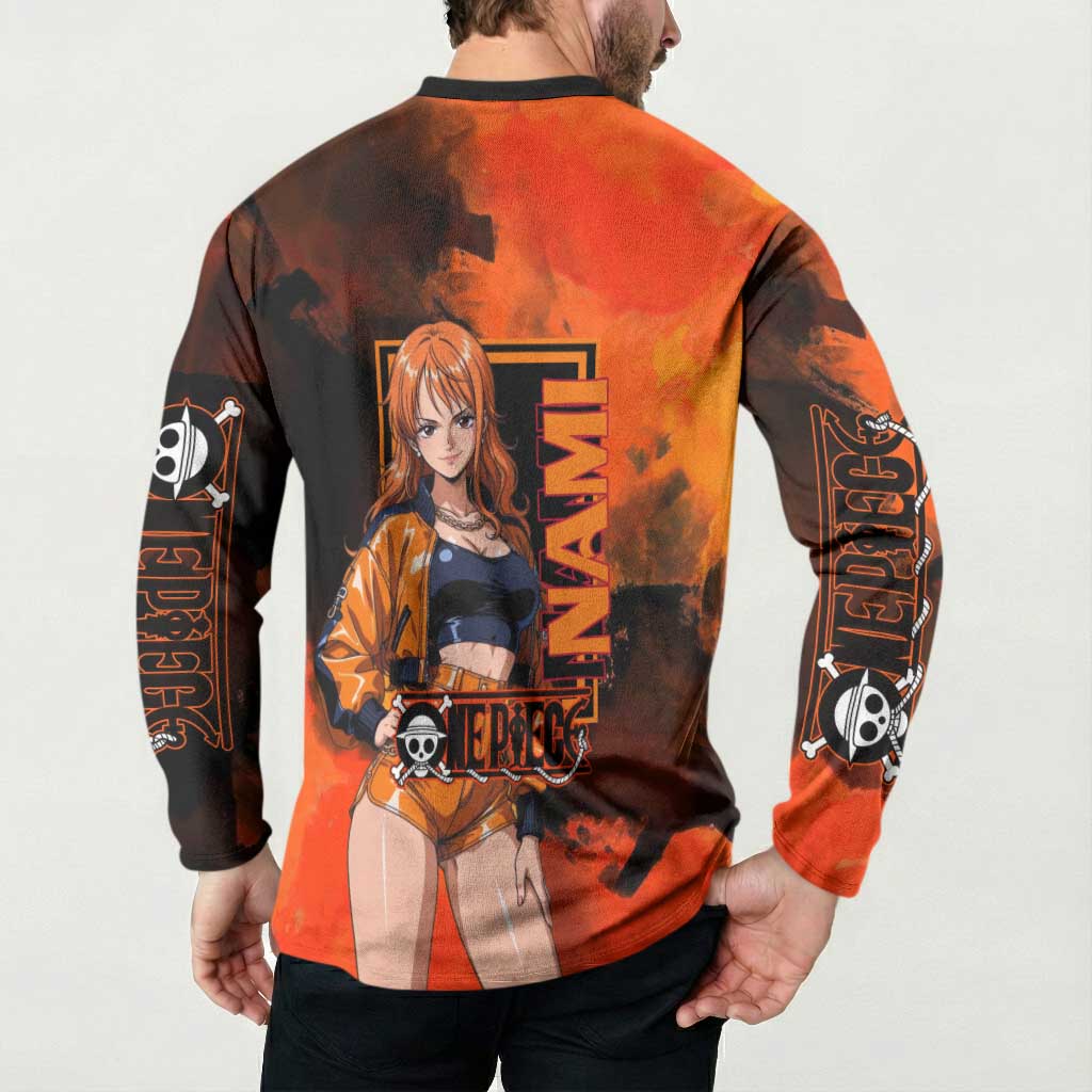 Nami One Piece Orange and Black Theme Button Sweatshirt with Navigator Pose and Weather Staff Design - The Mazicc