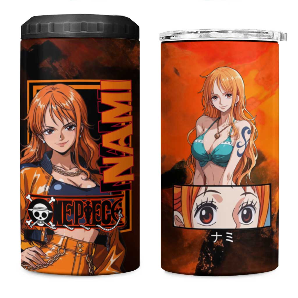 Nami One Piece Orange and Black Theme 4 in 1 Can Cooler Tumbler with Navigator Pose and Weather Staff Design - The Mazicc