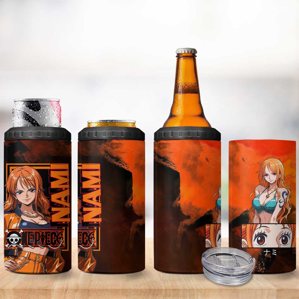 Nami One Piece Orange and Black Theme 4 in 1 Can Cooler Tumbler with Navigator Pose and Weather Staff Design - The Mazicc