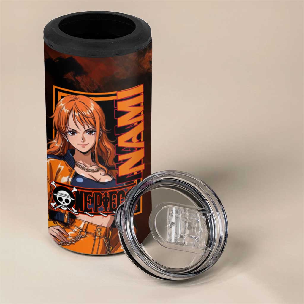 Nami One Piece Orange and Black Theme 4 in 1 Can Cooler Tumbler with Navigator Pose and Weather Staff Design - The Mazicc