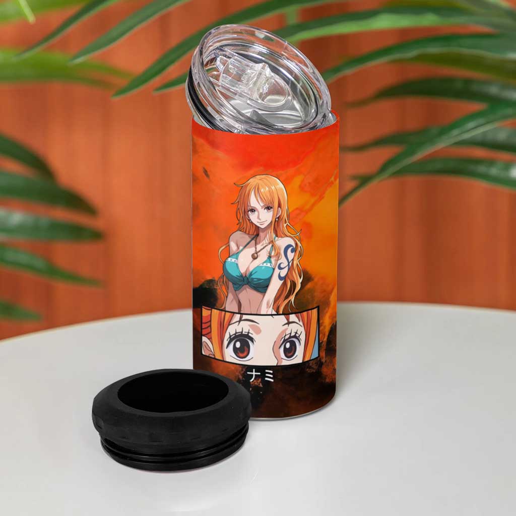 Nami One Piece Orange and Black Theme 4 in 1 Can Cooler Tumbler with Navigator Pose and Weather Staff Design - The Mazicc
