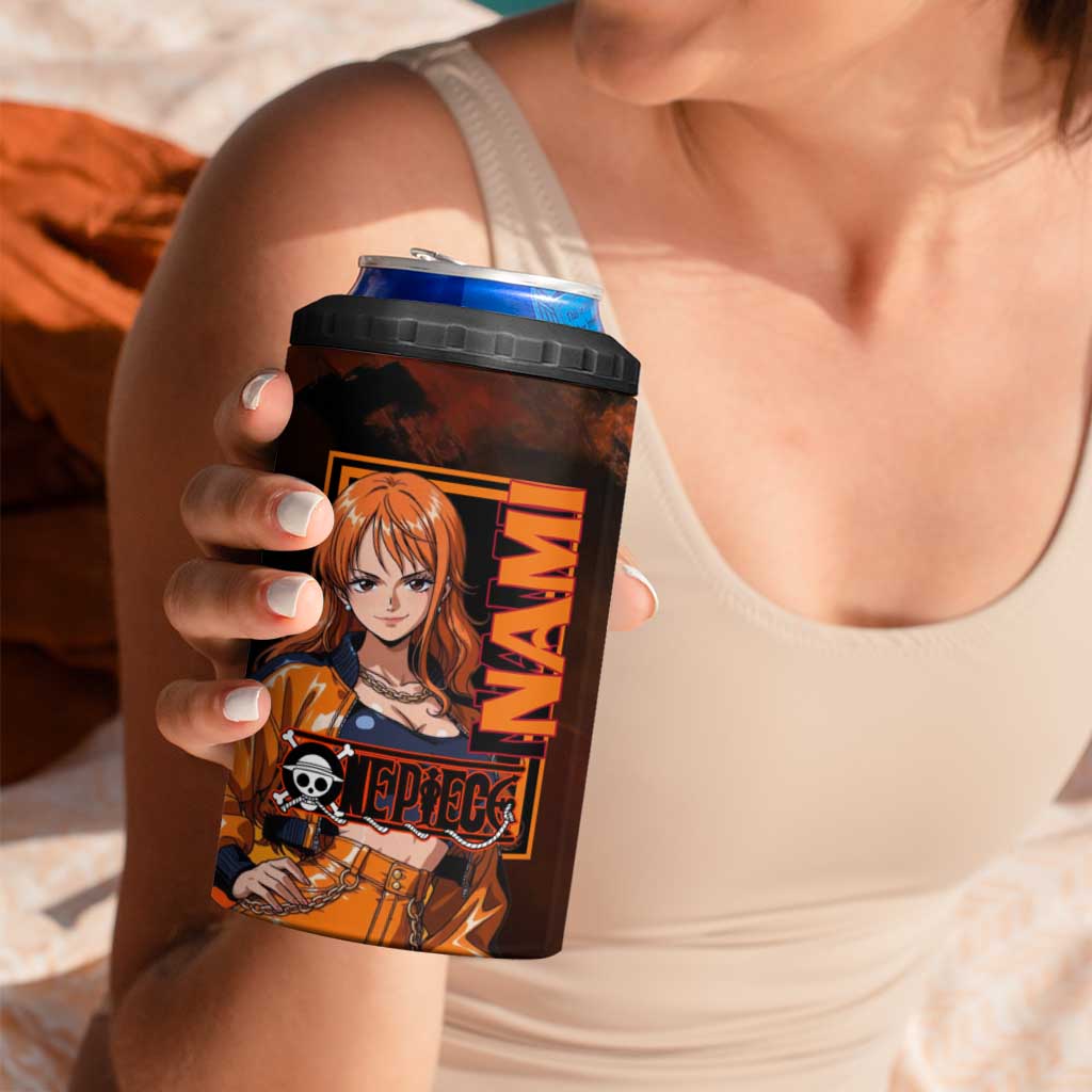 Nami One Piece Orange and Black Theme 4 in 1 Can Cooler Tumbler with Navigator Pose and Weather Staff Design - The Mazicc