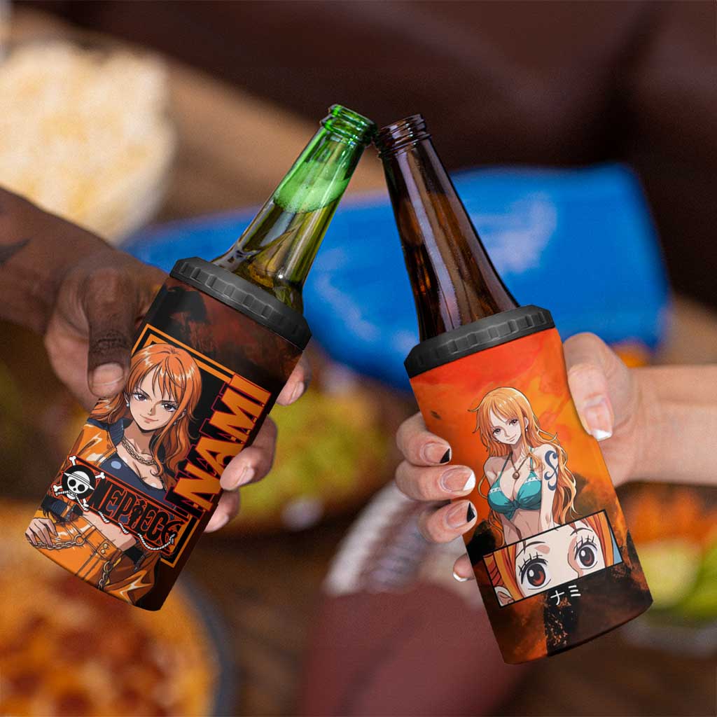 Nami One Piece Orange and Black Theme 4 in 1 Can Cooler Tumbler with Navigator Pose and Weather Staff Design - The Mazicc