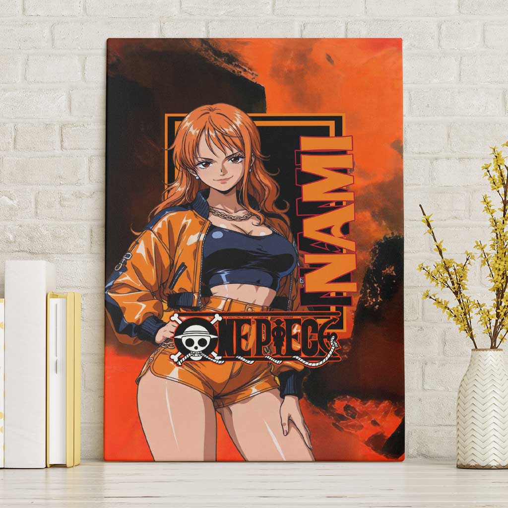 Nami One Piece Orange and Black Theme Canvas Wall Art with Navigator Pose and Weather Staff Design - The Mazicc