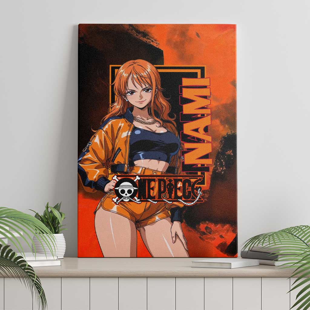 Nami One Piece Orange and Black Theme Canvas Wall Art with Navigator Pose and Weather Staff Design - The Mazicc