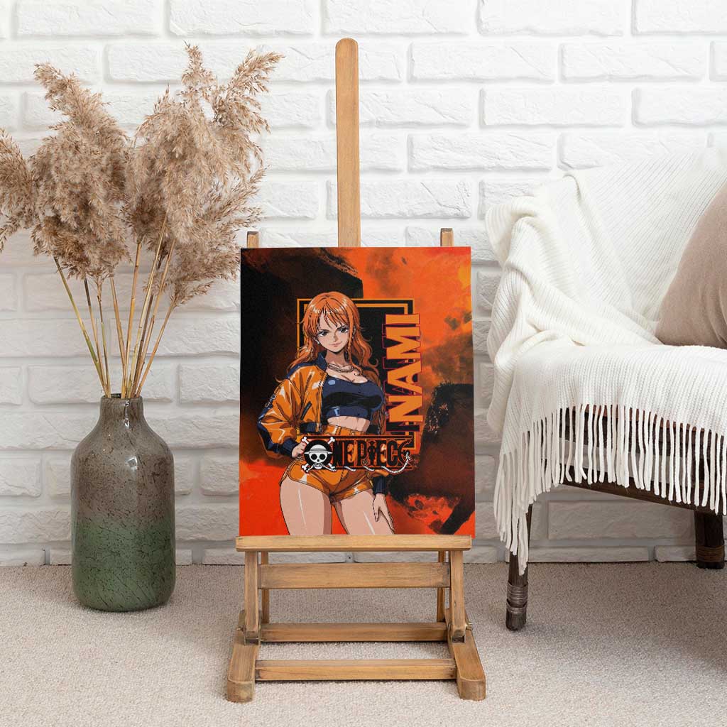 Nami One Piece Orange and Black Theme Canvas Wall Art with Navigator Pose and Weather Staff Design - The Mazicc