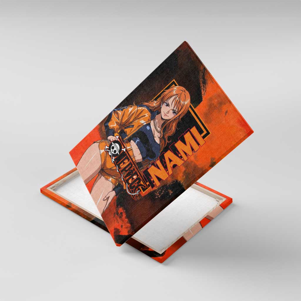 Nami One Piece Orange and Black Theme Canvas Wall Art with Navigator Pose and Weather Staff Design - The Mazicc