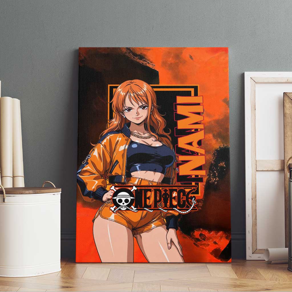 Nami One Piece Orange and Black Theme Canvas Wall Art with Navigator Pose and Weather Staff Design - The Mazicc