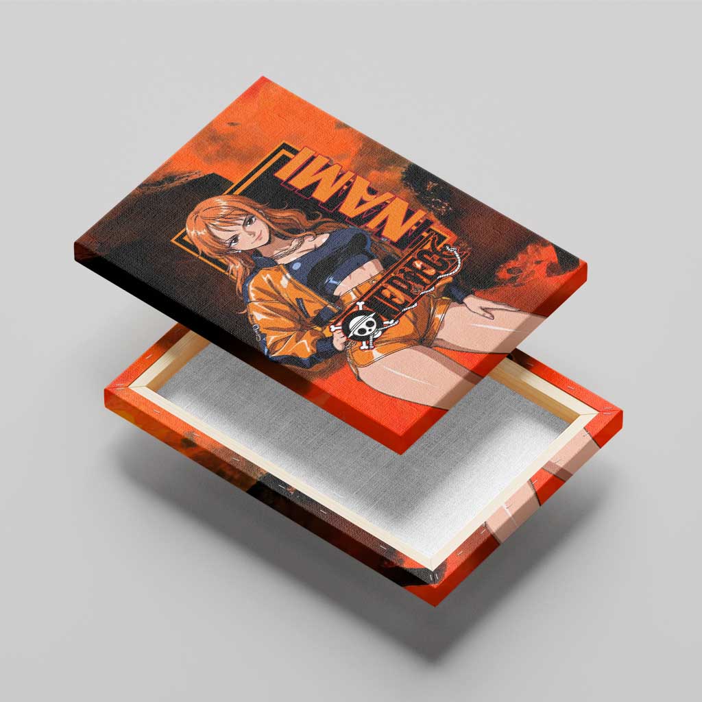 Nami One Piece Orange and Black Theme Canvas Wall Art with Navigator Pose and Weather Staff Design - The Mazicc