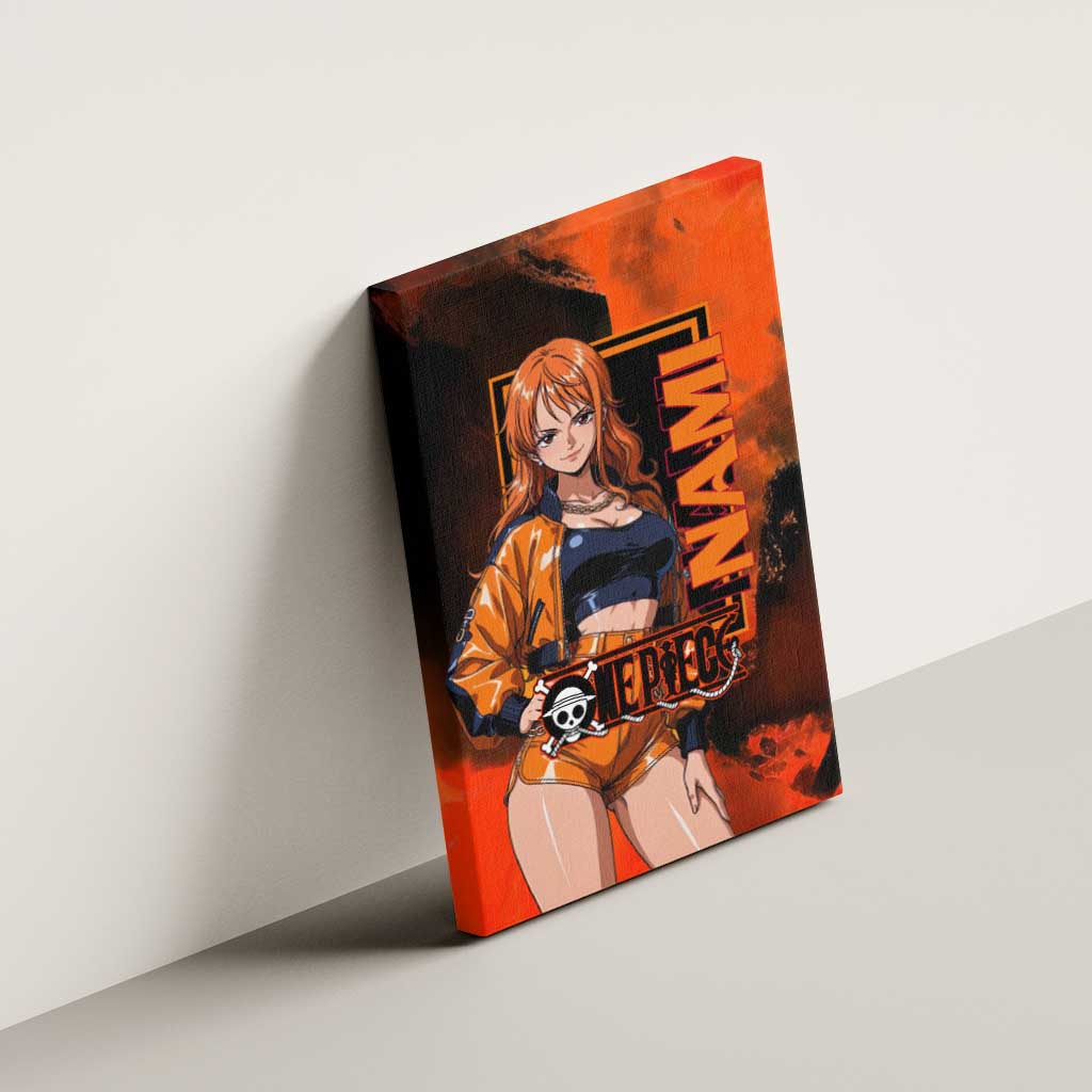 Nami One Piece Orange and Black Theme Canvas Wall Art with Navigator Pose and Weather Staff Design - The Mazicc