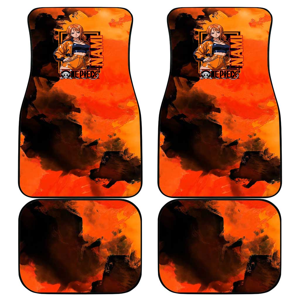 Nami One Piece Orange and Black Theme Car Mats with Navigator Pose and Weather Staff Design - The Mazicc