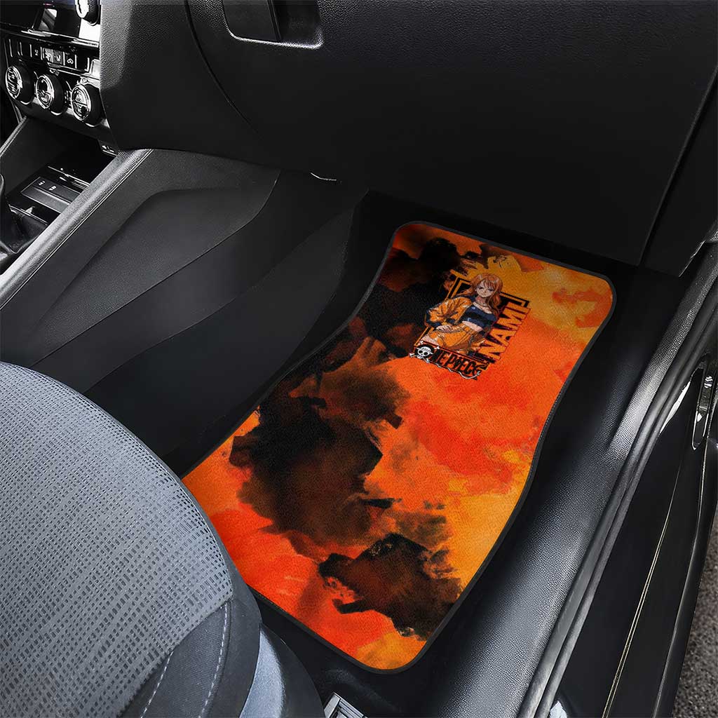 Nami One Piece Orange and Black Theme Car Mats with Navigator Pose and Weather Staff Design - The Mazicc