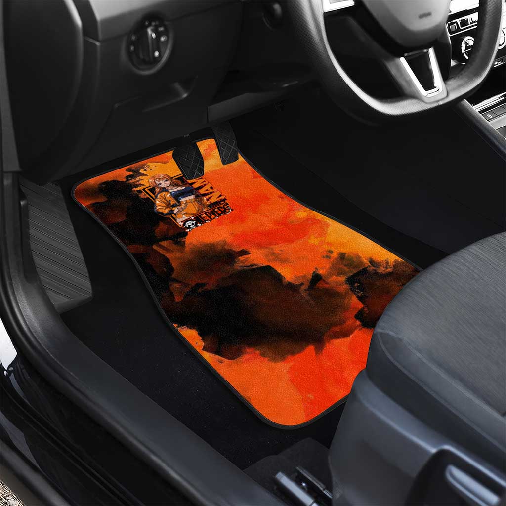 Nami One Piece Orange and Black Theme Car Mats with Navigator Pose and Weather Staff Design - The Mazicc