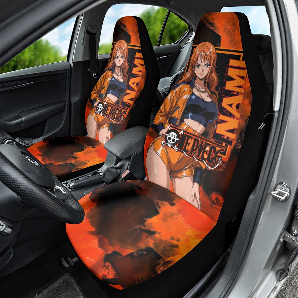 Nami One Piece Orange and Black Theme Car Seat Cover with Navigator Pose and Weather Staff Design - The Mazicc