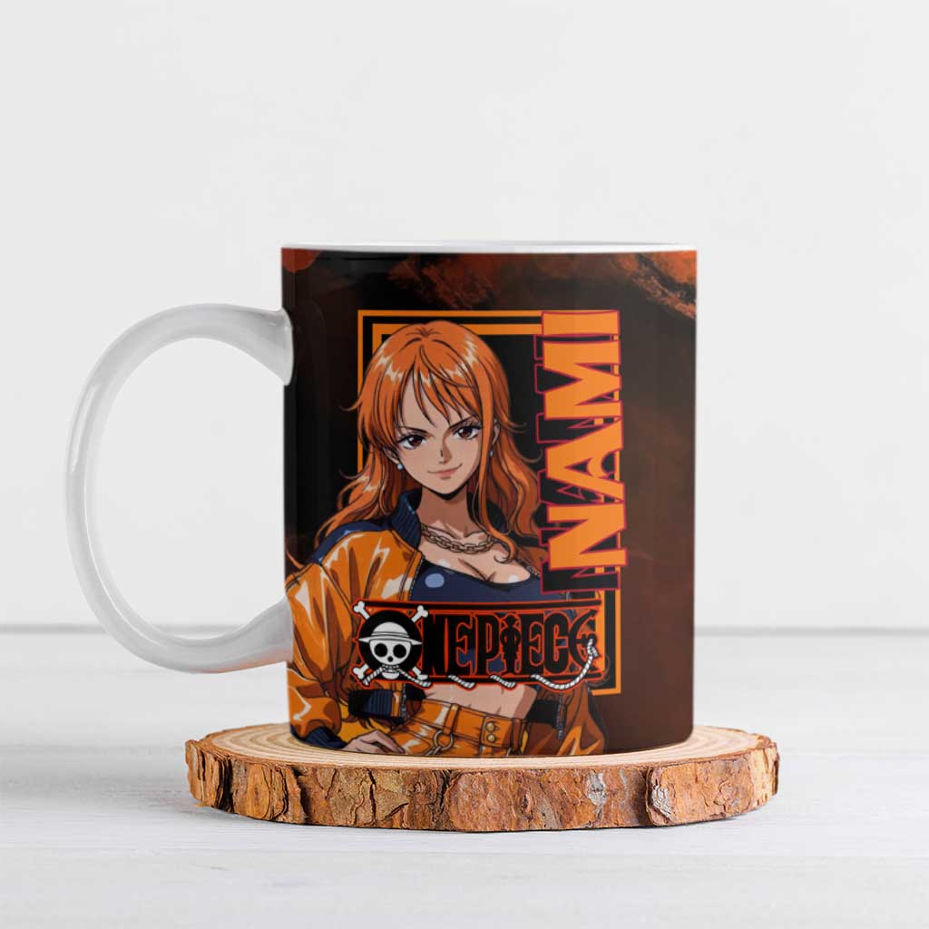 Nami One Piece Orange and Black Theme Ceramic Mug with Navigator Pose and Weather Staff Design - The Mazicc