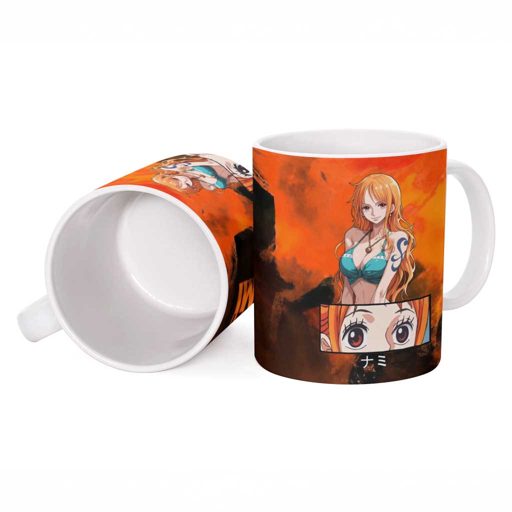 Nami One Piece Orange and Black Theme Ceramic Mug with Navigator Pose and Weather Staff Design - The Mazicc