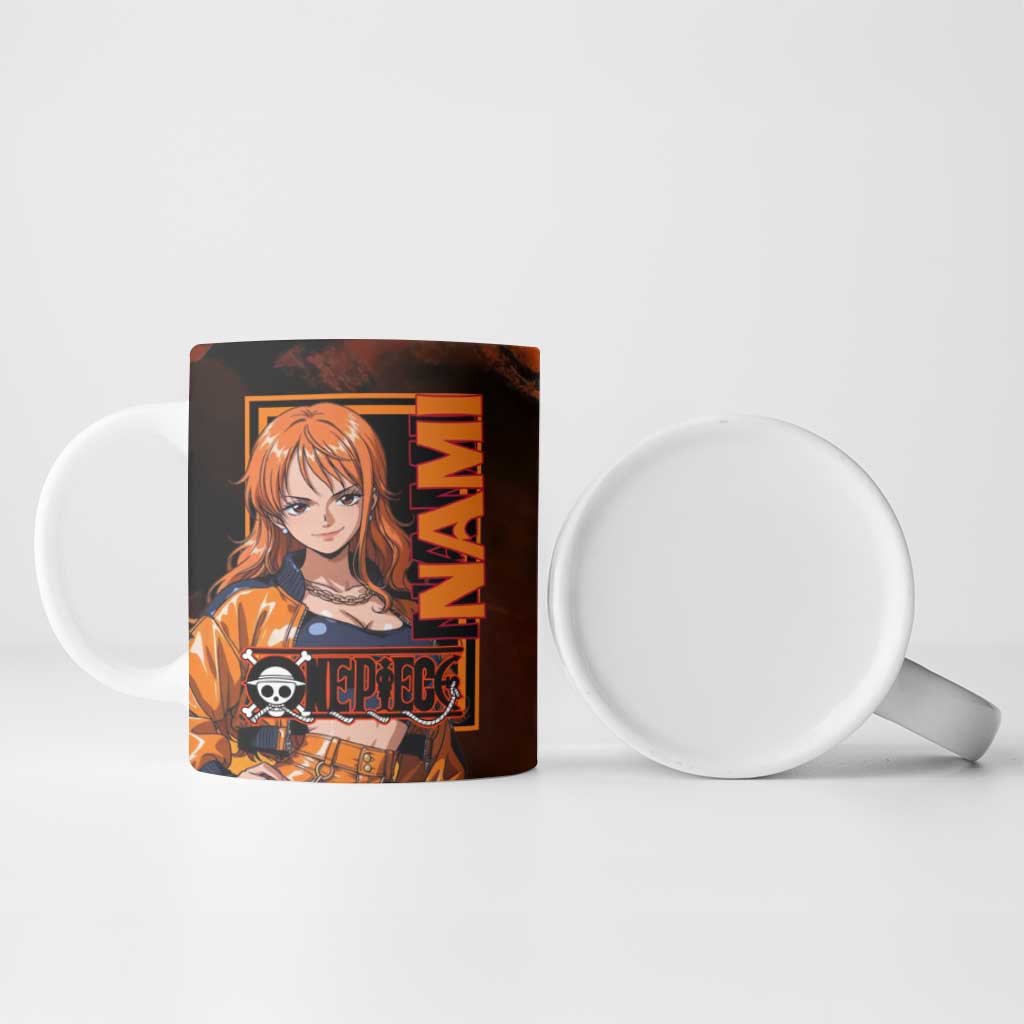 Nami One Piece Orange and Black Theme Ceramic Mug with Navigator Pose and Weather Staff Design - The Mazicc