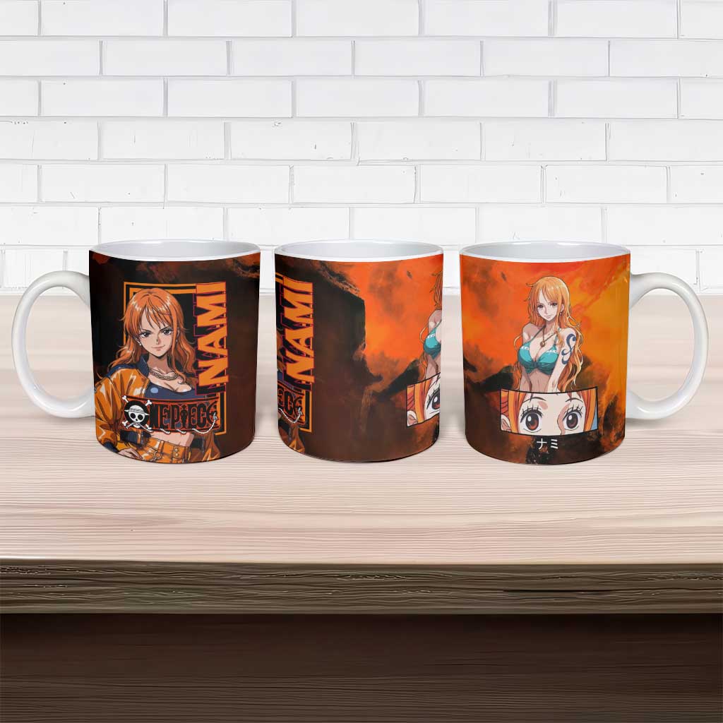 Nami One Piece Orange and Black Theme Ceramic Mug with Navigator Pose and Weather Staff Design - The Mazicc
