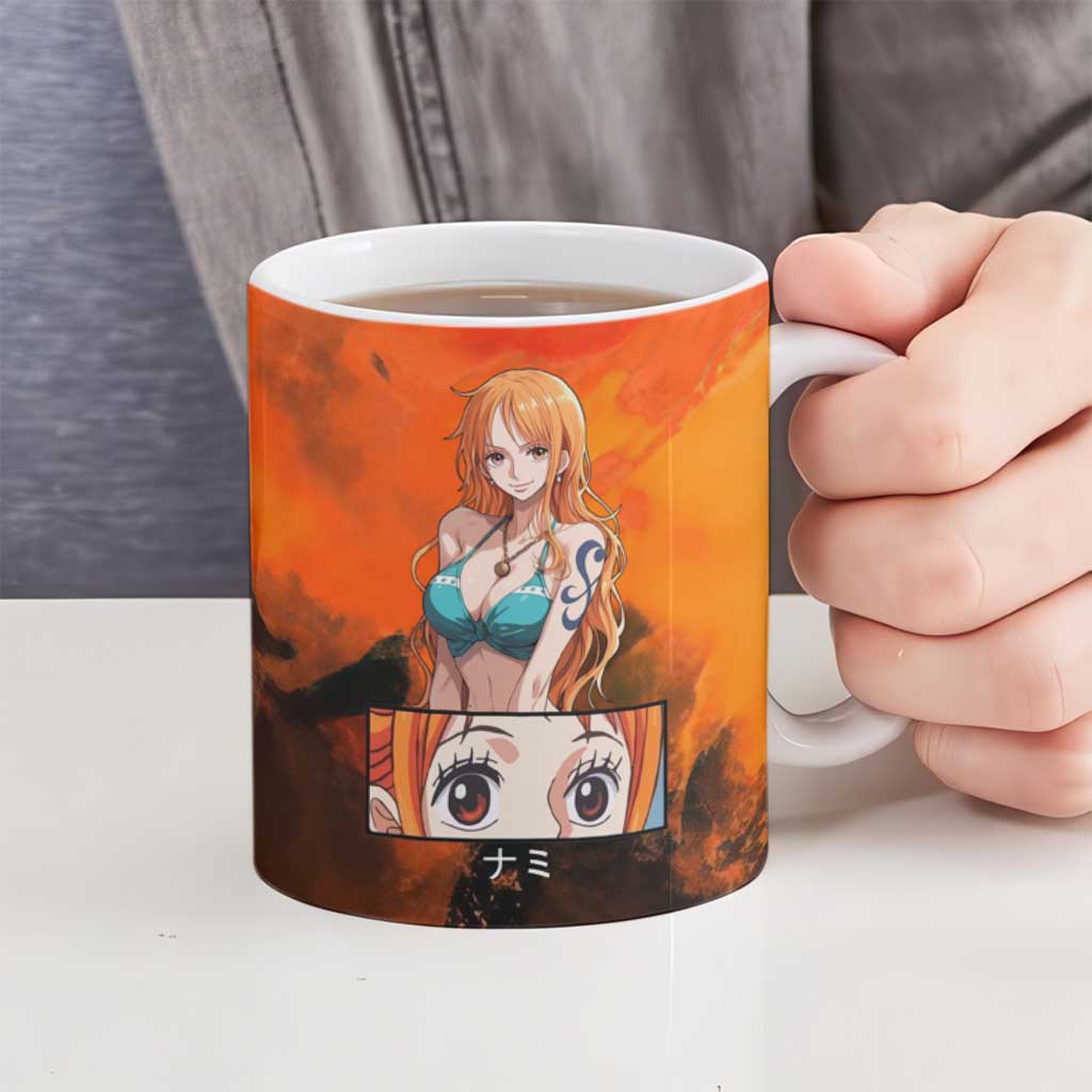 Nami One Piece Orange and Black Theme Ceramic Mug with Navigator Pose and Weather Staff Design - The Mazicc