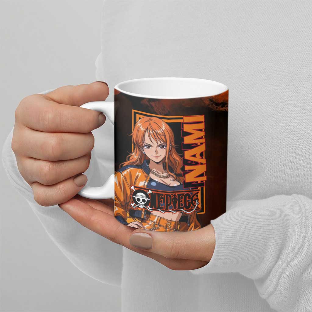 Nami One Piece Orange and Black Theme Ceramic Mug with Navigator Pose and Weather Staff Design - The Mazicc