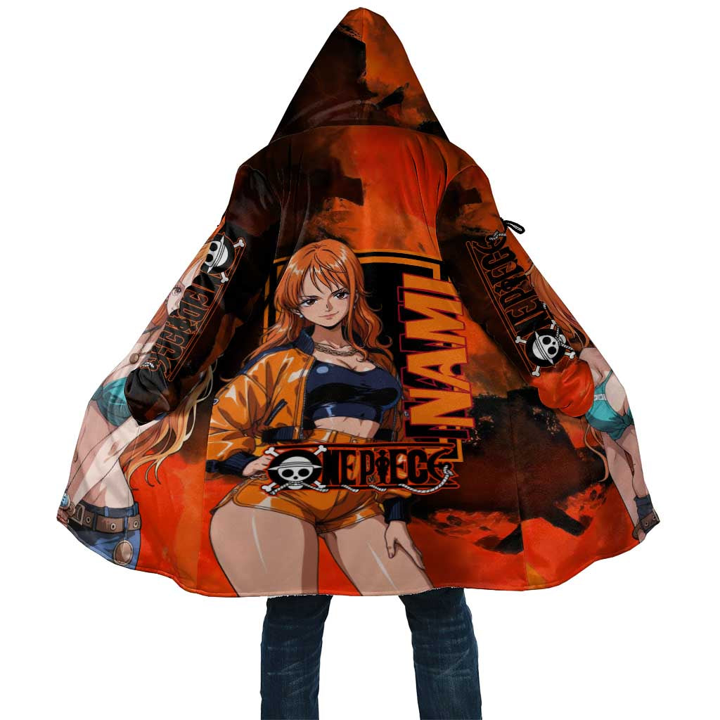 Nami One Piece Orange and Black Theme Cloak with Navigator Pose and Weather Staff Design - The Mazicc