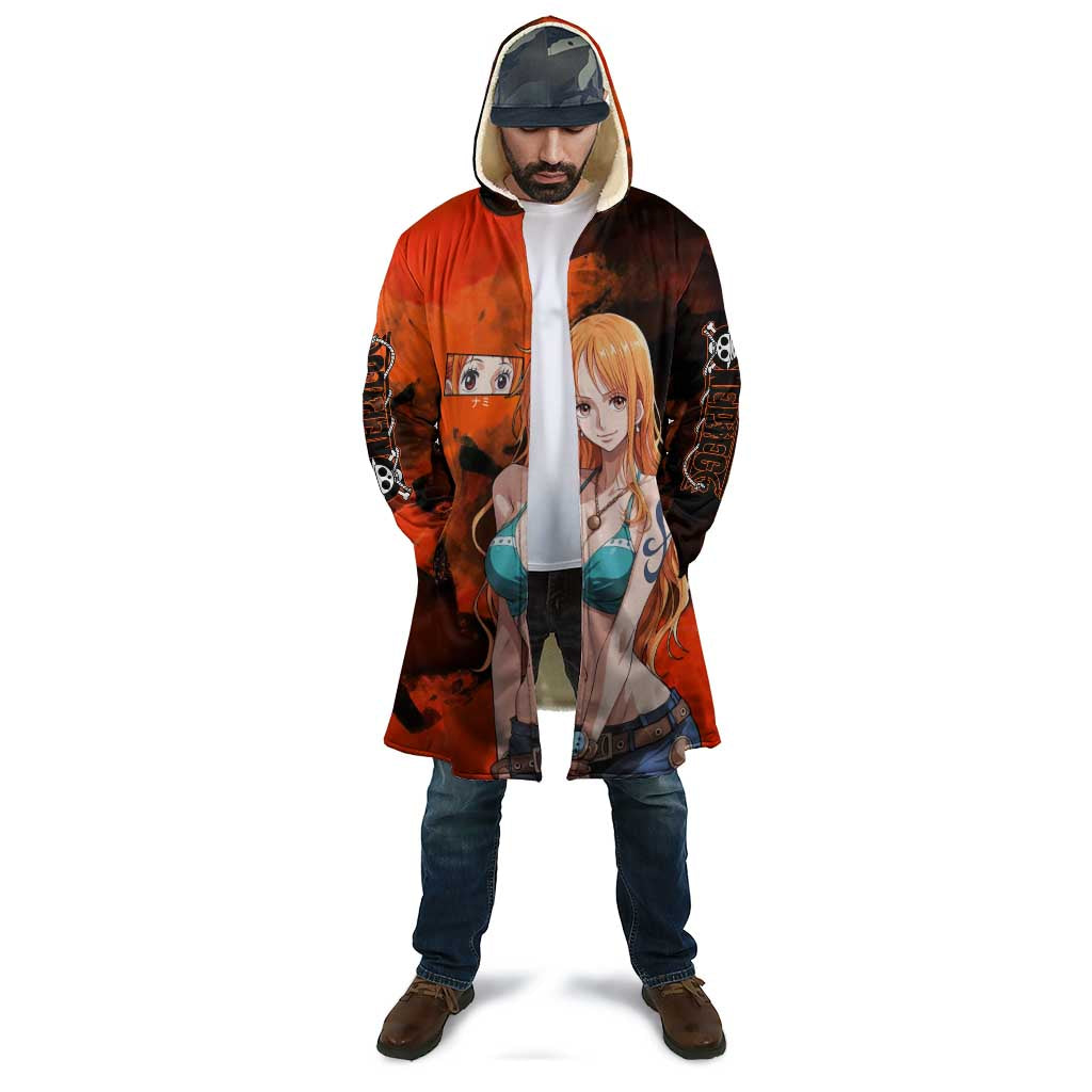 Nami One Piece Orange and Black Theme Cloak with Navigator Pose and Weather Staff Design - The Mazicc