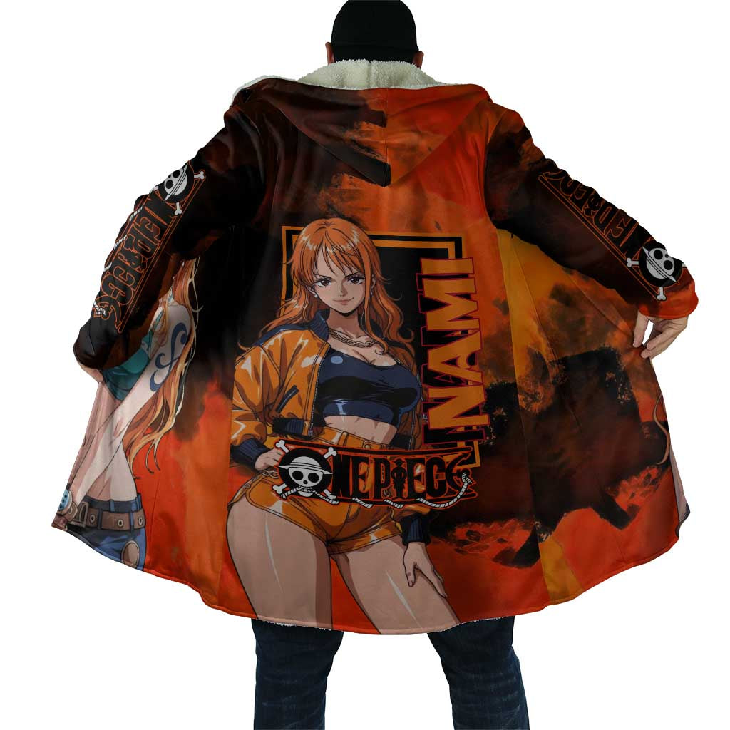 Nami One Piece Orange and Black Theme Cloak with Navigator Pose and Weather Staff Design - The Mazicc