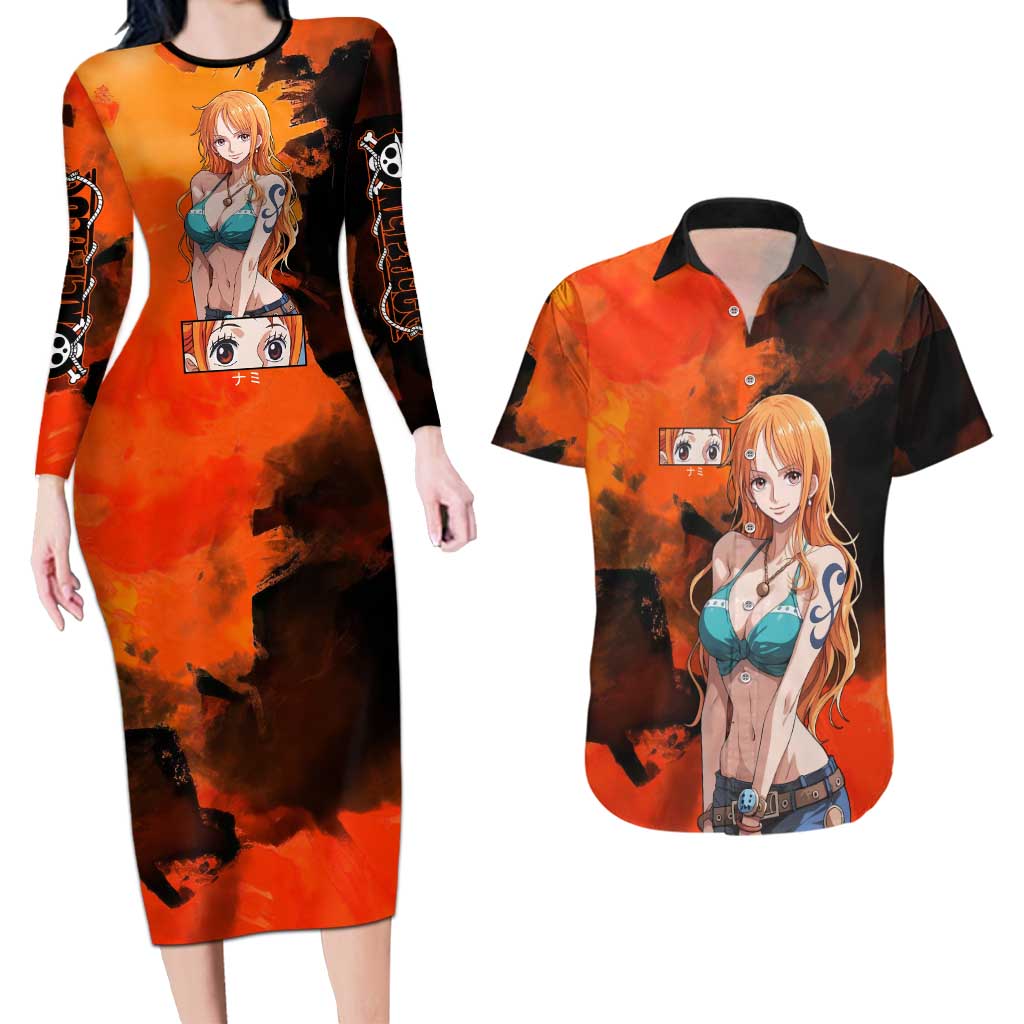 Nami One Piece Orange and Black Theme Couples Matching Long Sleeve Bodycon Dress and Hawaiian Shirt with Navigator Pose and Weather Staff Design - The Mazicc