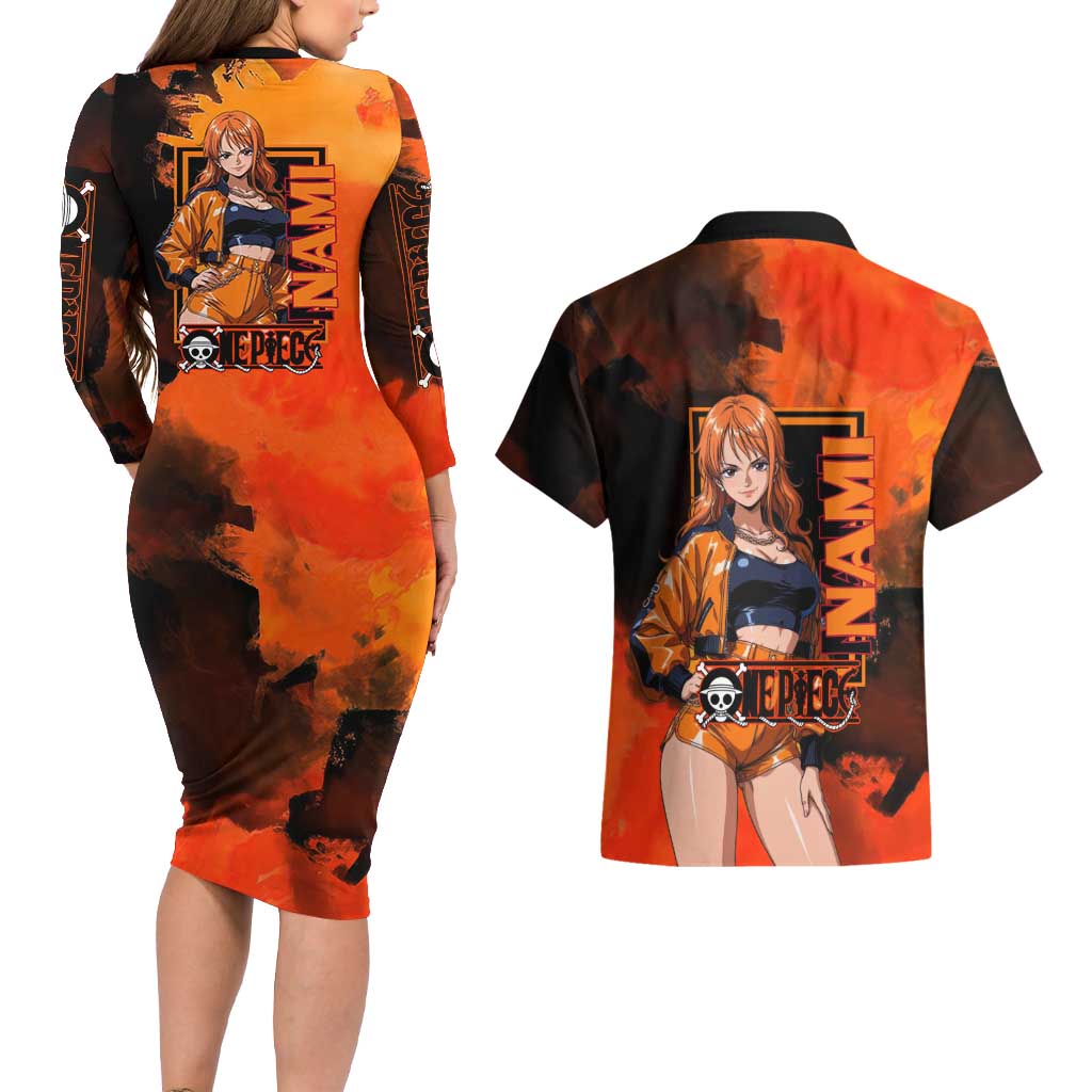 Nami One Piece Orange and Black Theme Couples Matching Long Sleeve Bodycon Dress and Hawaiian Shirt with Navigator Pose and Weather Staff Design - The Mazicc