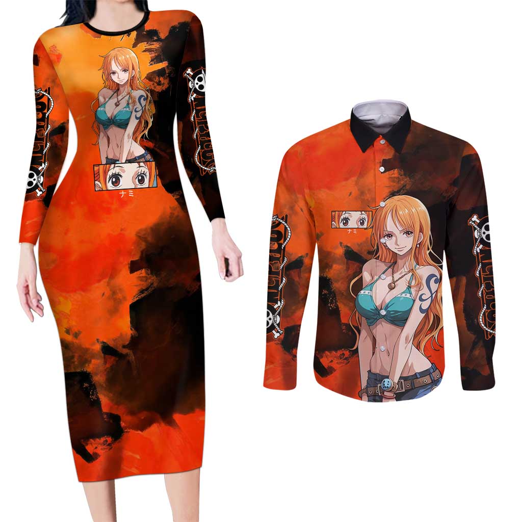 Nami One Piece Orange and Black Theme Couples Matching Long Sleeve Bodycon Dress and Long Sleeve Button Shirt with Navigator Pose and Weather Staff Design - The Mazicc