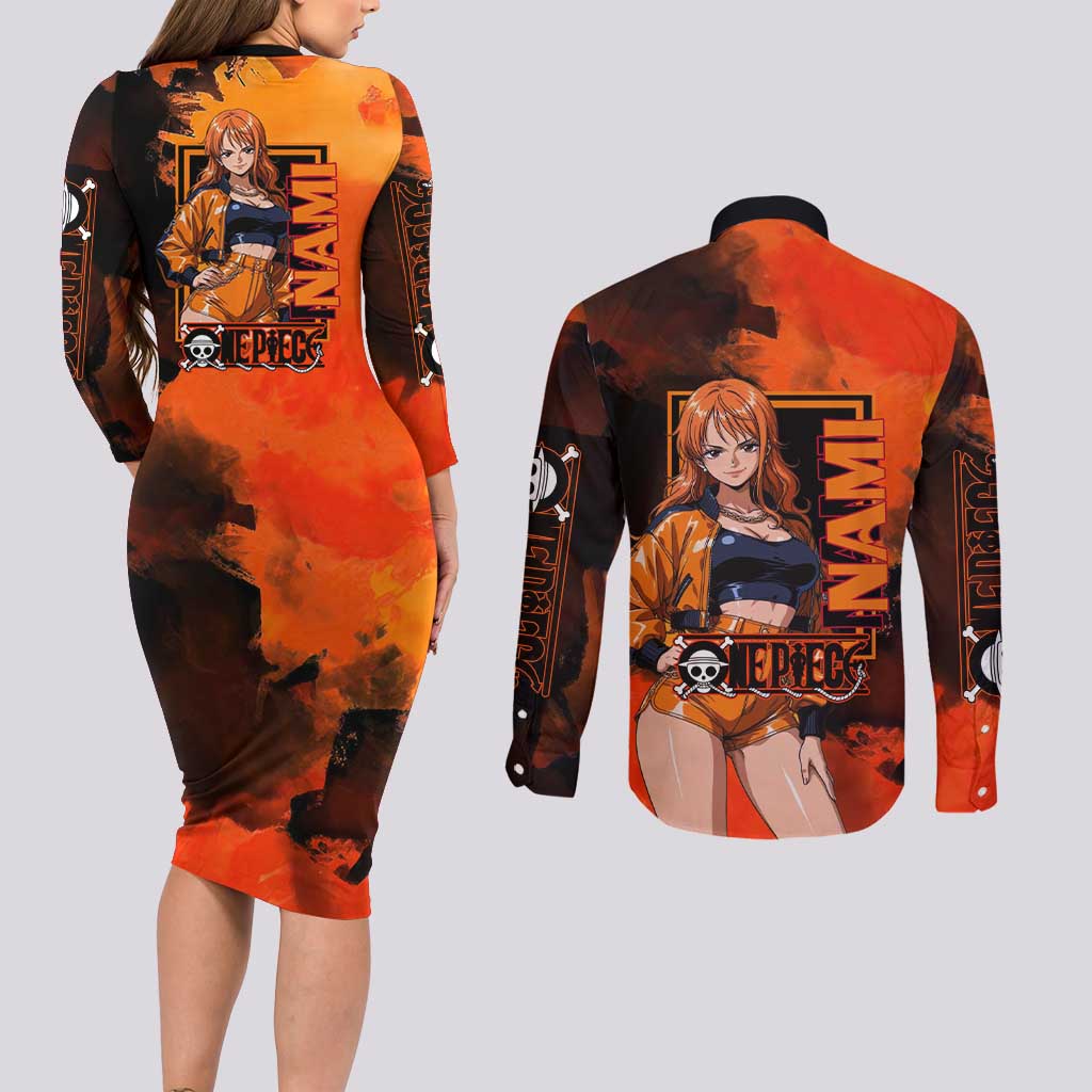 Nami One Piece Orange and Black Theme Couples Matching Long Sleeve Bodycon Dress and Long Sleeve Button Shirt with Navigator Pose and Weather Staff Design - The Mazicc