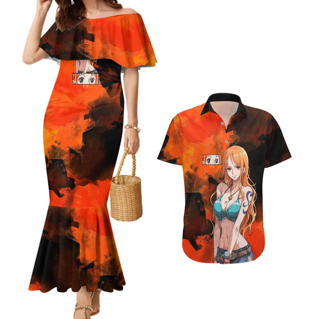 Nami One Piece Orange and Black Theme Couples Matching Mermaid Dress and Hawaiian Shirt with Navigator Pose and Weather Staff Design - The Mazicc
