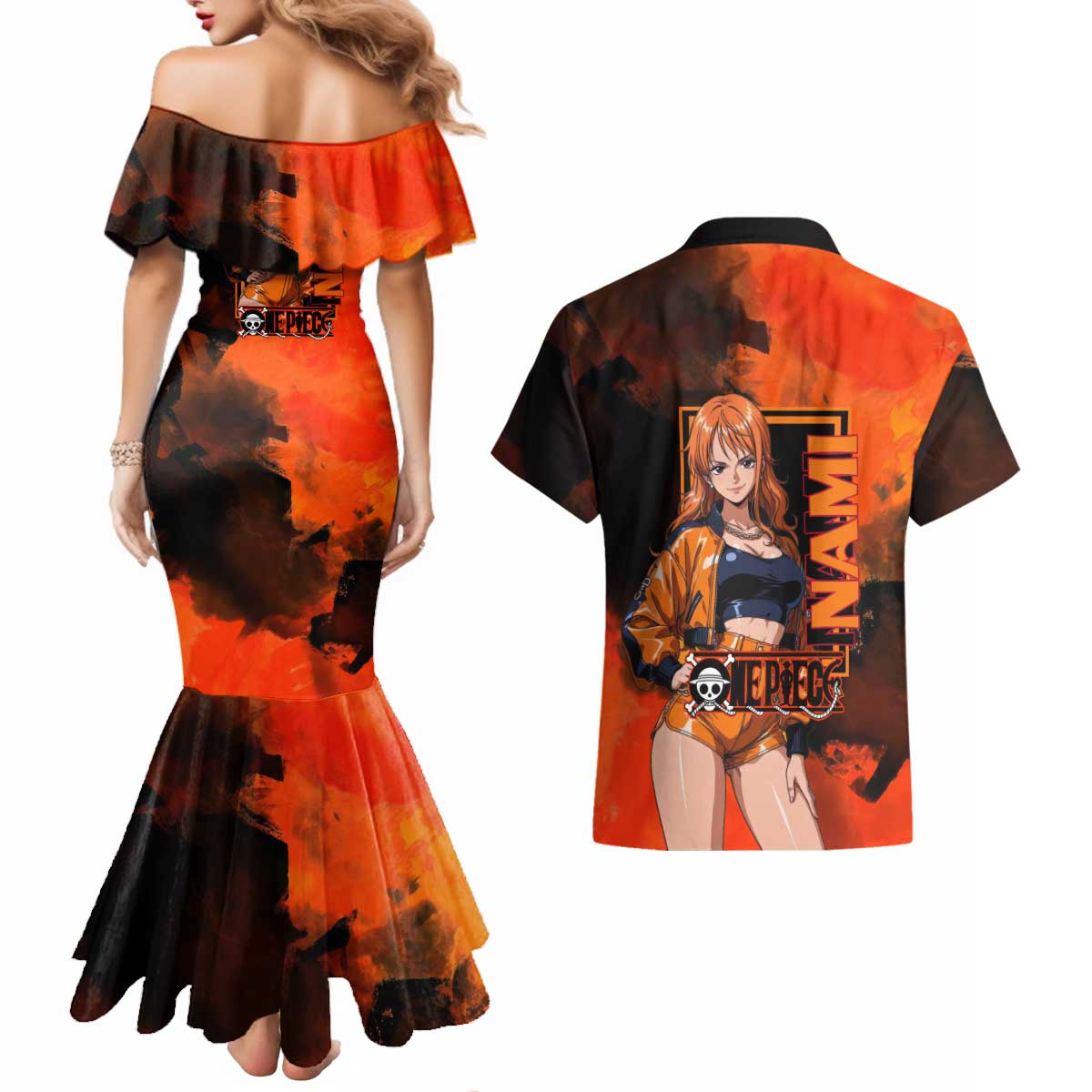 Nami One Piece Orange and Black Theme Couples Matching Mermaid Dress and Hawaiian Shirt with Navigator Pose and Weather Staff Design - The Mazicc