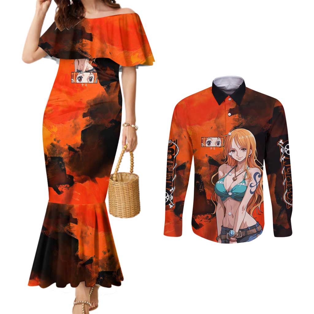 Nami One Piece Orange and Black Theme Couples Matching Mermaid Dress and Long Sleeve Button Shirt with Navigator Pose and Weather Staff Design - The Mazicc