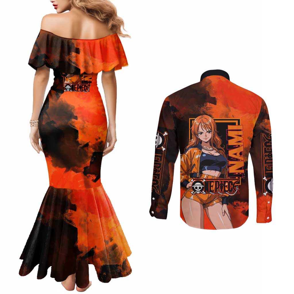 Nami One Piece Orange and Black Theme Couples Matching Mermaid Dress and Long Sleeve Button Shirt with Navigator Pose and Weather Staff Design - The Mazicc