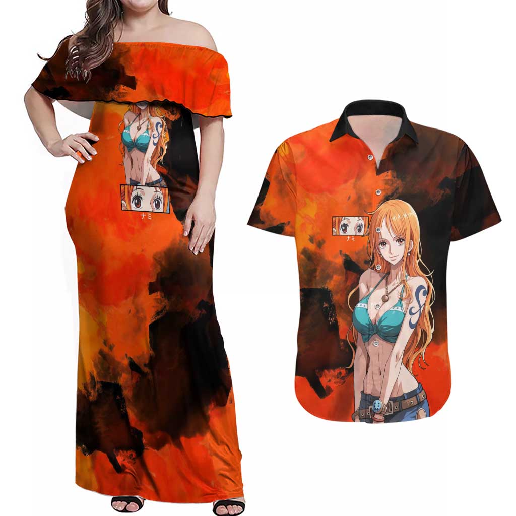 Nami One Piece Orange and Black Theme Couples Matching Off Shoulder Maxi Dress and Hawaiian Shirt with Navigator Pose and Weather Staff Design - The Mazicc