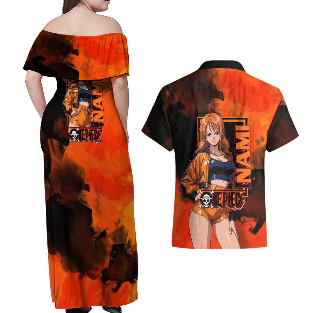 Nami One Piece Orange and Black Theme Couples Matching Off Shoulder Maxi Dress and Hawaiian Shirt with Navigator Pose and Weather Staff Design - The Mazicc