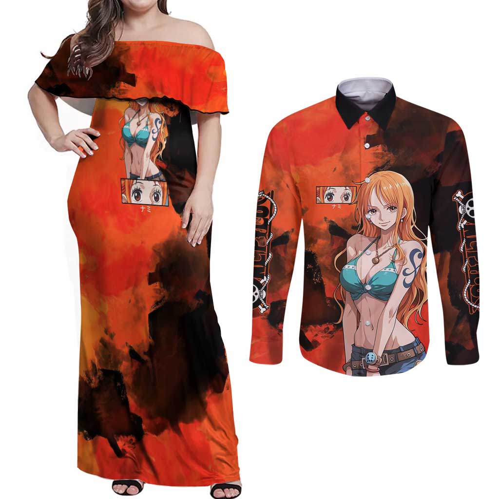 Nami One Piece Orange and Black Theme Couples Matching Off Shoulder Maxi Dress and Long Sleeve Button Shirt with Navigator Pose and Weather Staff Design - The Mazicc