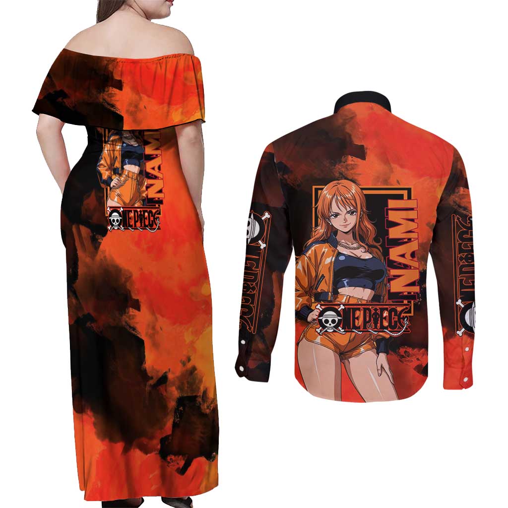 Nami One Piece Orange and Black Theme Couples Matching Off Shoulder Maxi Dress and Long Sleeve Button Shirt with Navigator Pose and Weather Staff Design - The Mazicc