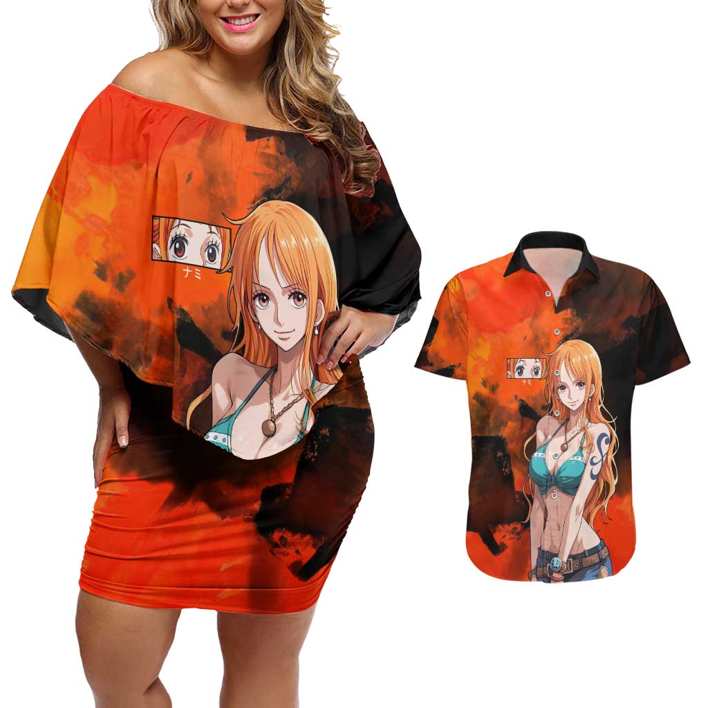 Nami One Piece Orange and Black Theme Couples Matching Off Shoulder Short Dress and Hawaiian Shirt with Navigator Pose and Weather Staff Design - The Mazicc