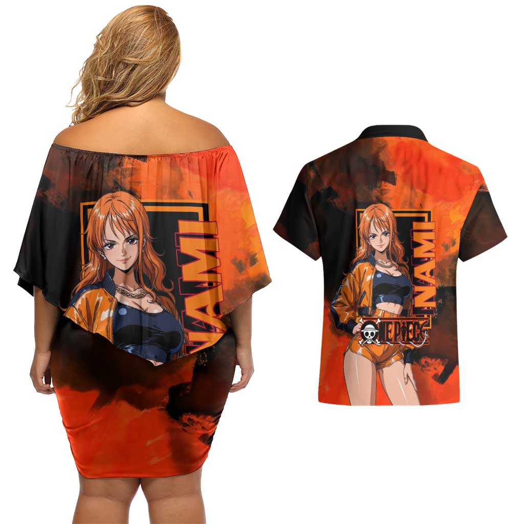Nami One Piece Orange and Black Theme Couples Matching Off Shoulder Short Dress and Hawaiian Shirt with Navigator Pose and Weather Staff Design - The Mazicc