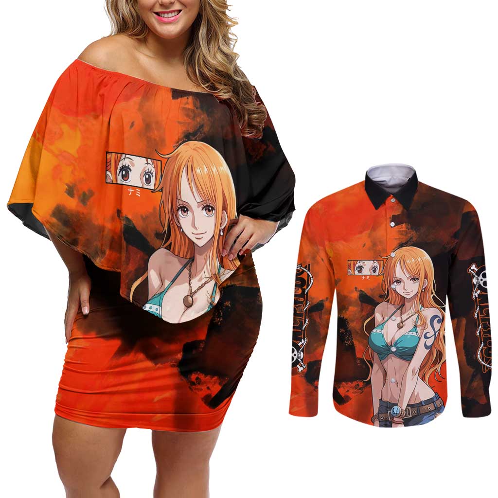 Nami One Piece Orange and Black Theme Couples Matching Off Shoulder Short Dress and Long Sleeve Button Shirt with Navigator Pose and Weather Staff Design - The Mazicc