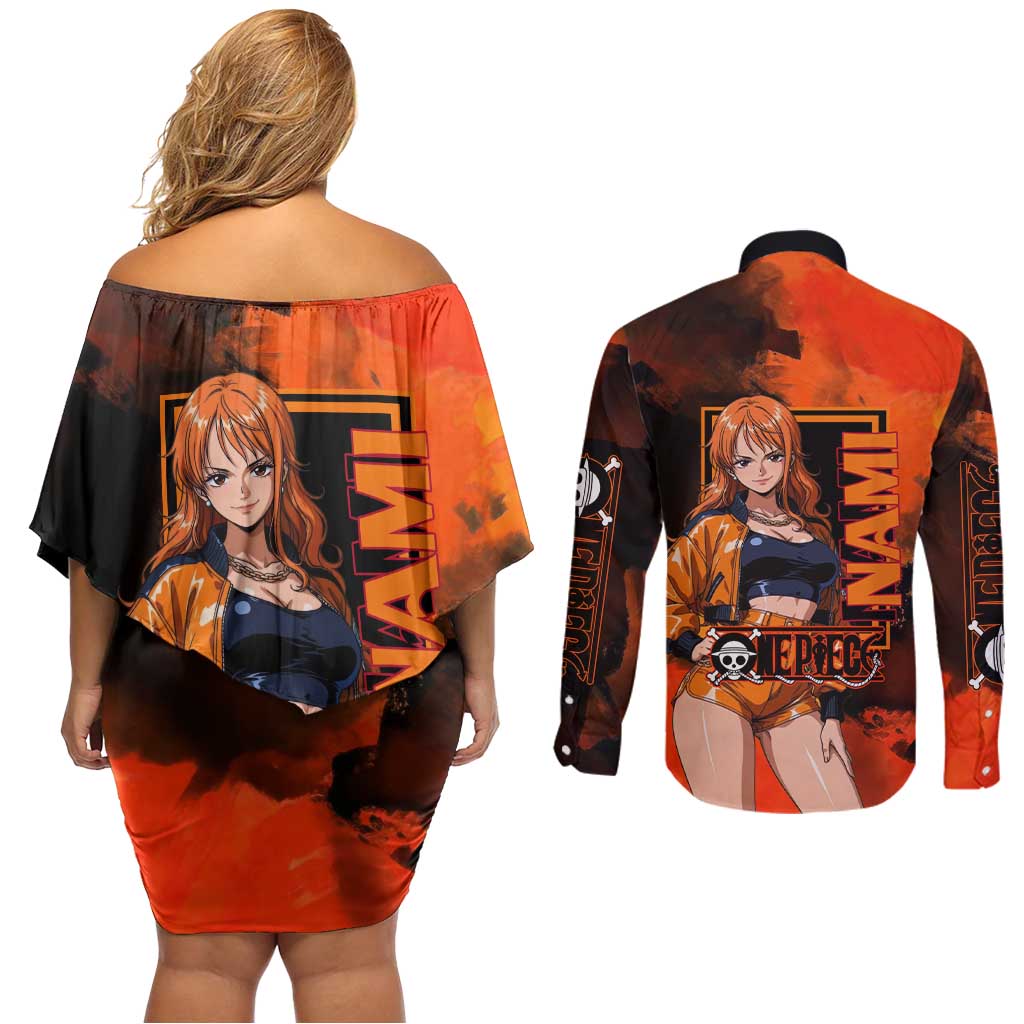 Nami One Piece Orange and Black Theme Couples Matching Off Shoulder Short Dress and Long Sleeve Button Shirt with Navigator Pose and Weather Staff Design - The Mazicc