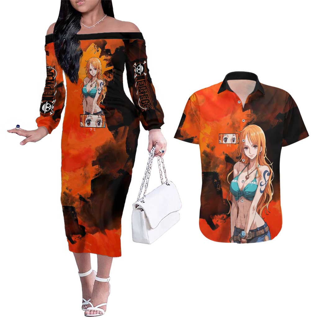 Nami One Piece Orange and Black Theme Couples Matching Off The Shoulder Long Sleeve Dress and Hawaiian Shirt with Navigator Pose and Weather Staff Design - The Mazicc
