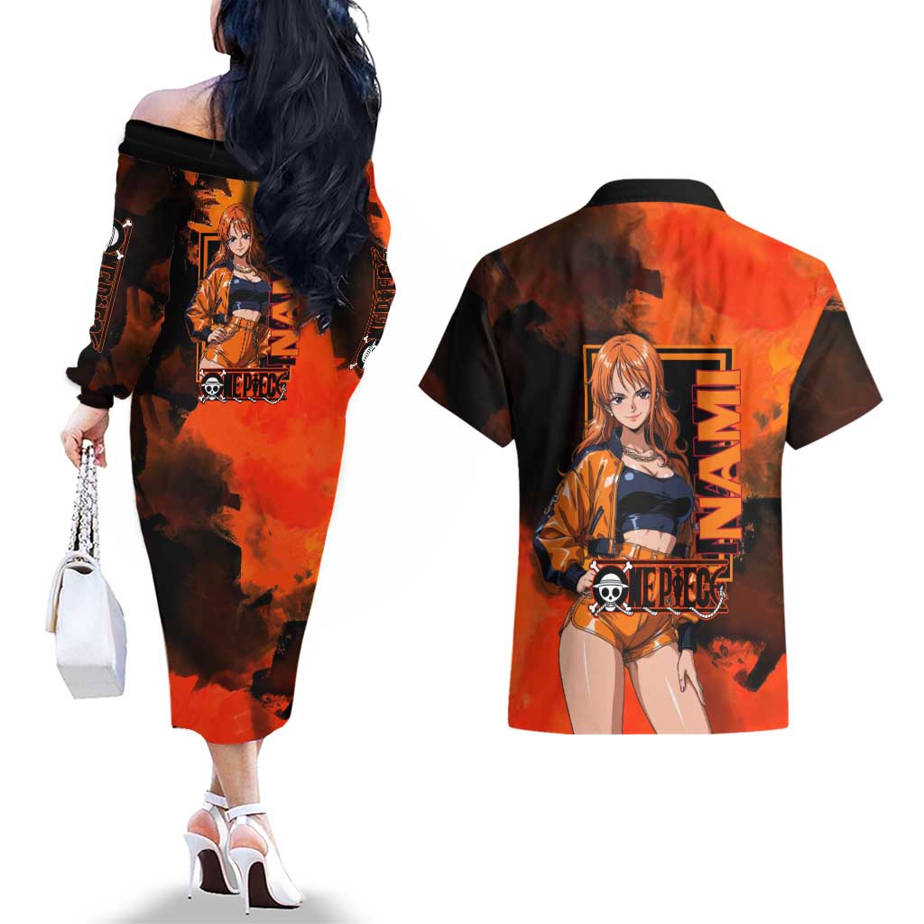 Nami One Piece Orange and Black Theme Couples Matching Off The Shoulder Long Sleeve Dress and Hawaiian Shirt with Navigator Pose and Weather Staff Design - The Mazicc